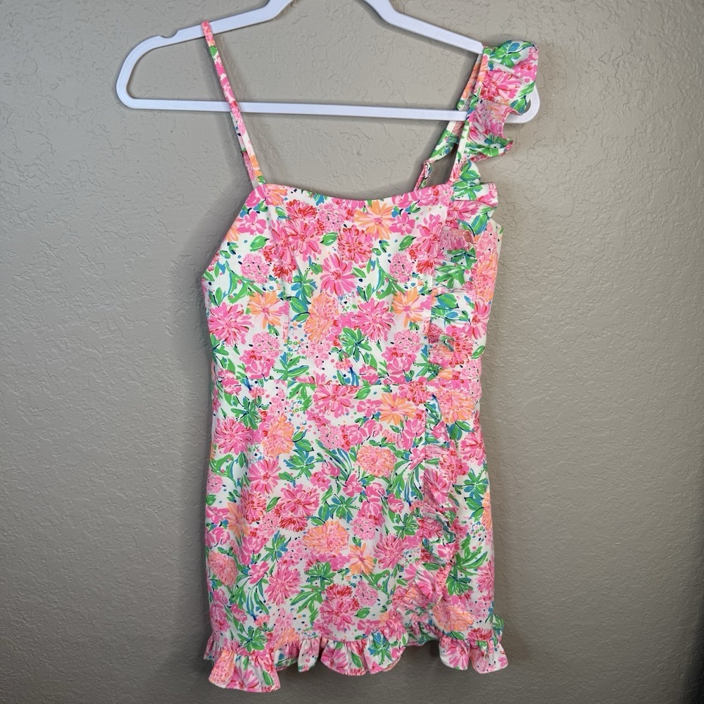 Lilly Pulitzer Maetha Romper Pink Green Floral That's What I Herd Pattern Size 0